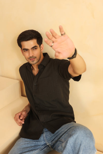 Black Linen blend Half sleeve shirt