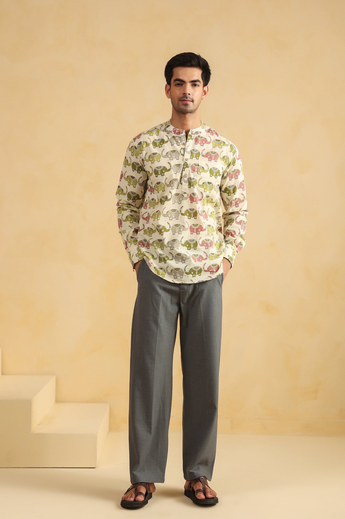 Cream Elephant Cotton Shirt Kurta