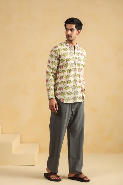 Cream Elephant Cotton Shirt Kurta