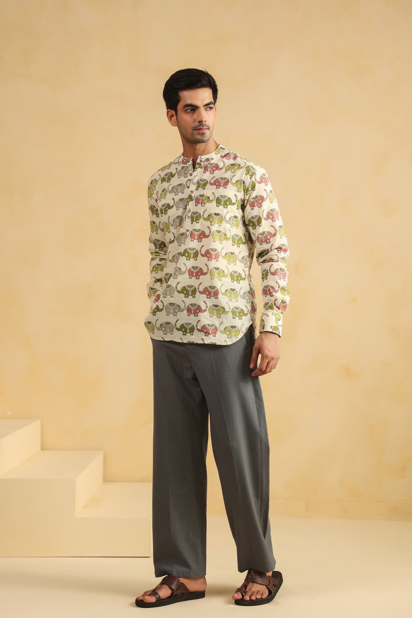 Cream Elephant Cotton Shirt Kurta