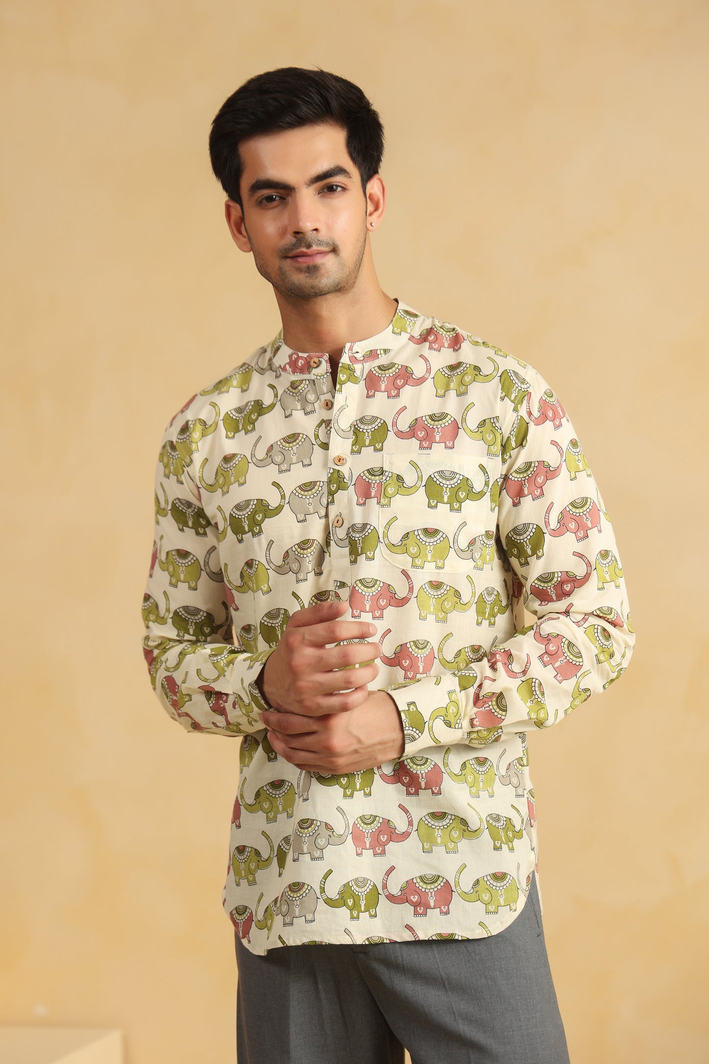 Cream Elephant Cotton Shirt Kurta