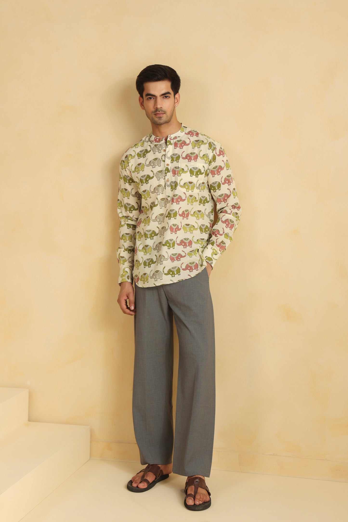Cream Elephant Cotton Shirt Kurta