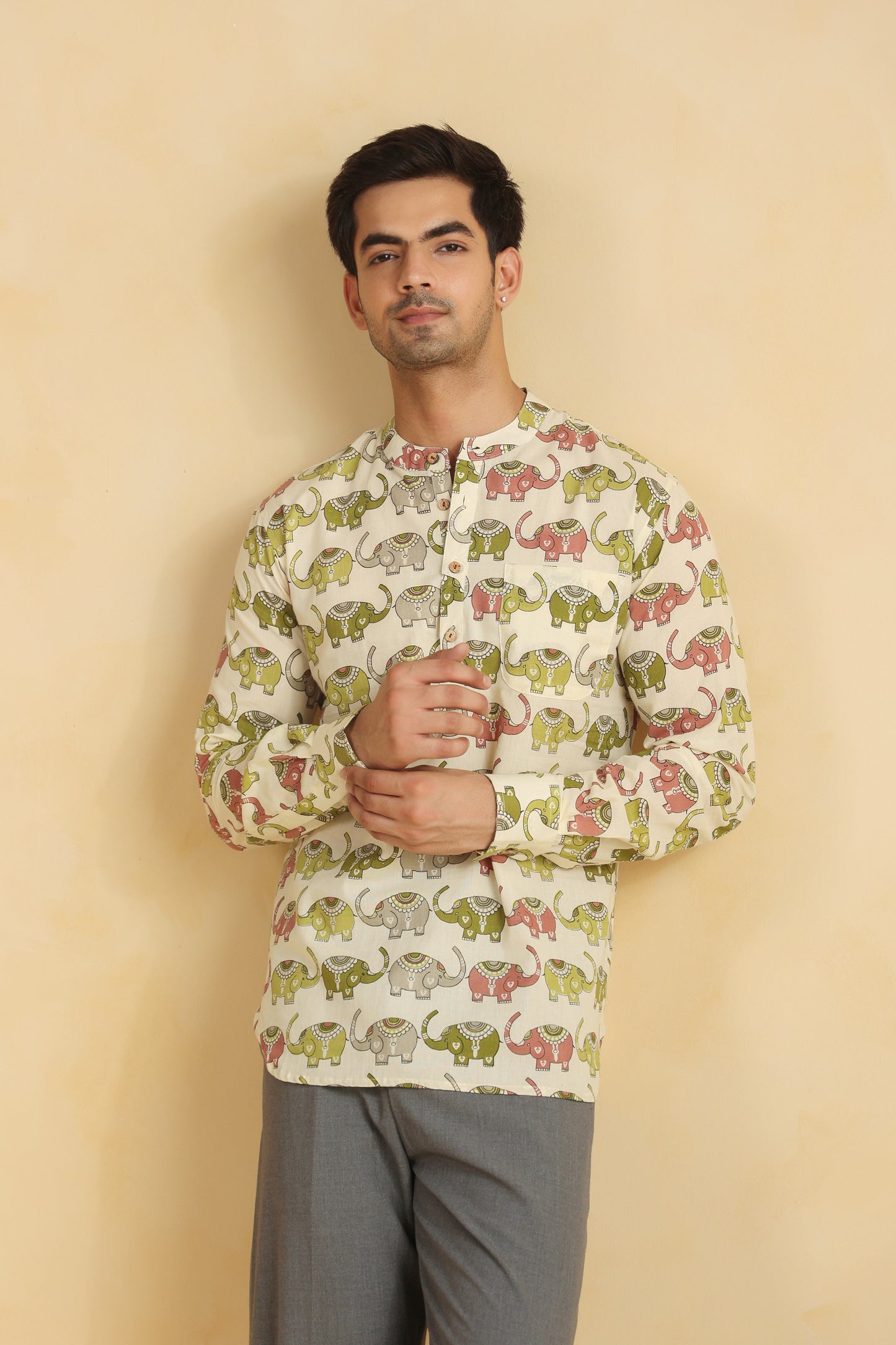 Cream Elephant Cotton Shirt Kurta