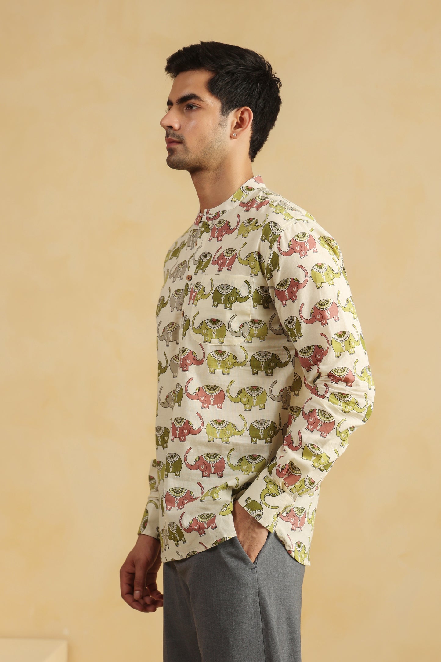 Cream Elephant Cotton Shirt Kurta