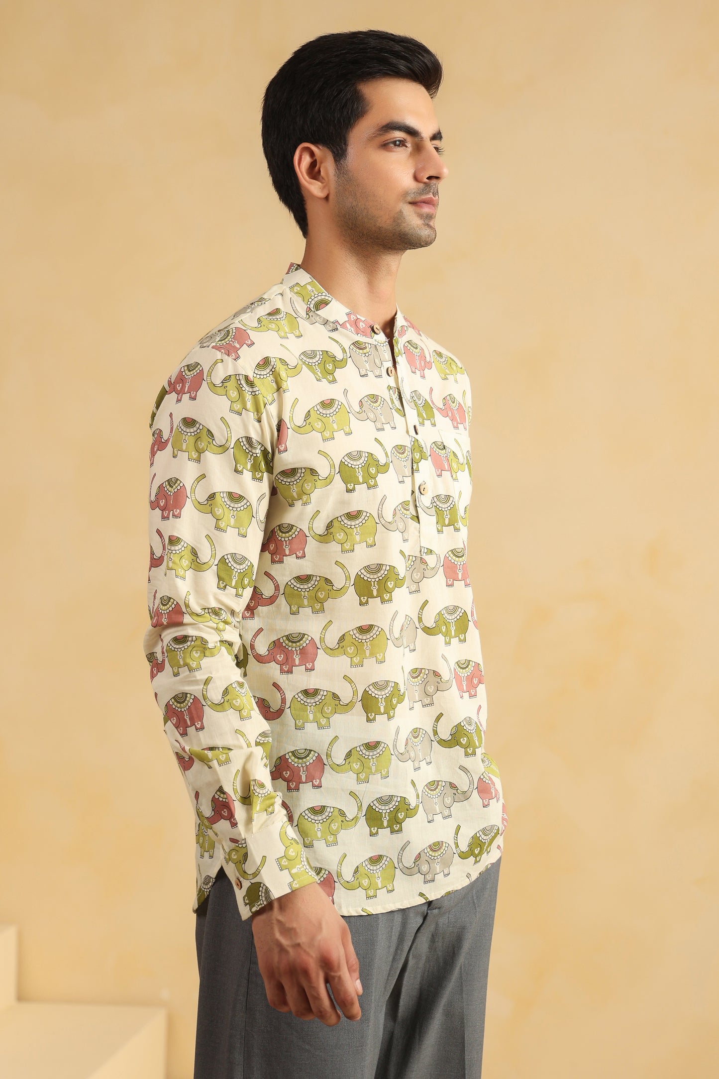 Cream Elephant Cotton Shirt Kurta
