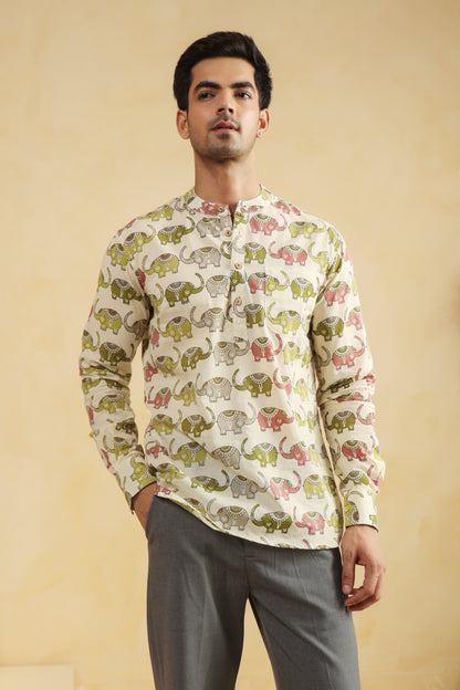Cream Elephant Cotton Shirt Kurta