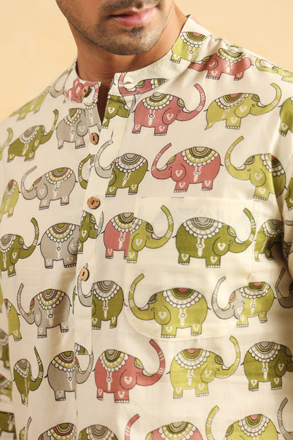 Cream Elephant Cotton Shirt Kurta