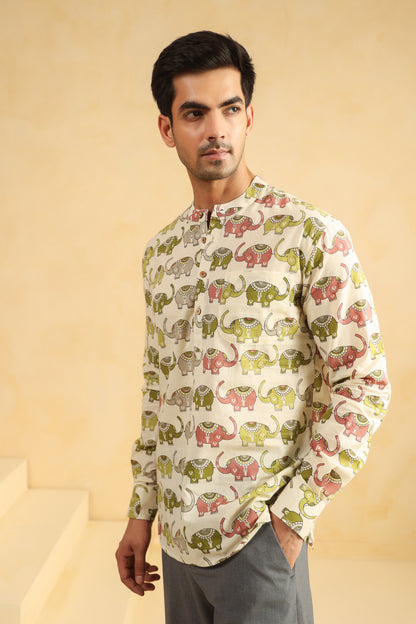 Cream Elephant Cotton Shirt Kurta