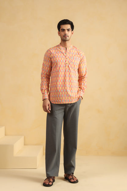 Peach Printed Cotton Shirt Kurta