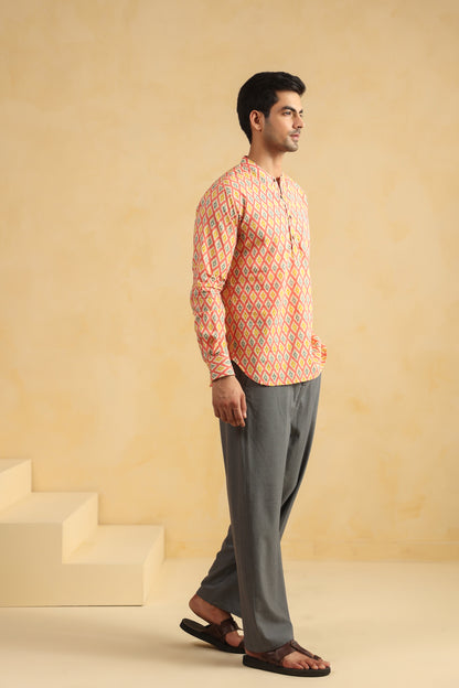Peach Printed Cotton Shirt Kurta