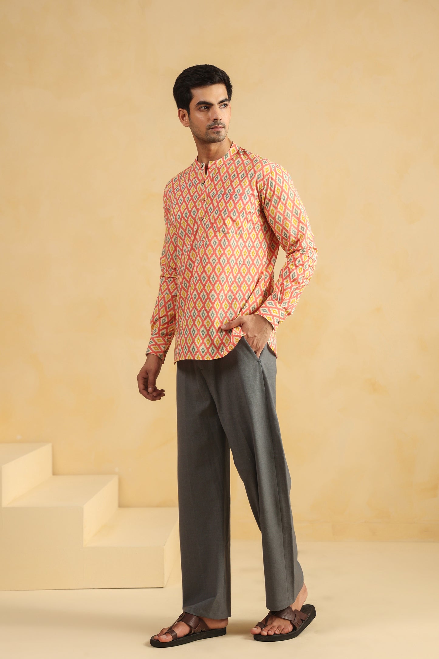 Peach Printed Cotton Shirt Kurta