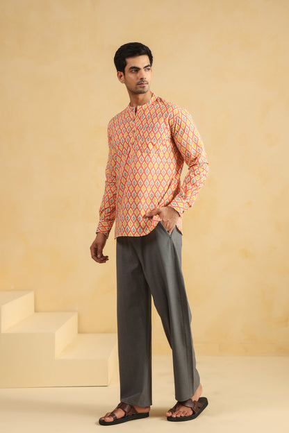 Peach Printed Cotton Shirt Kurta