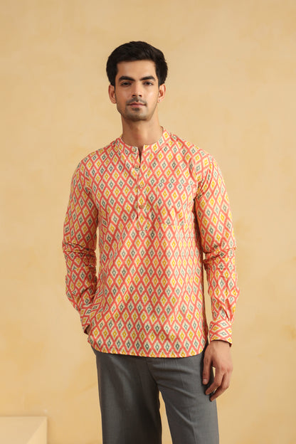 Peach Printed Cotton Shirt Kurta