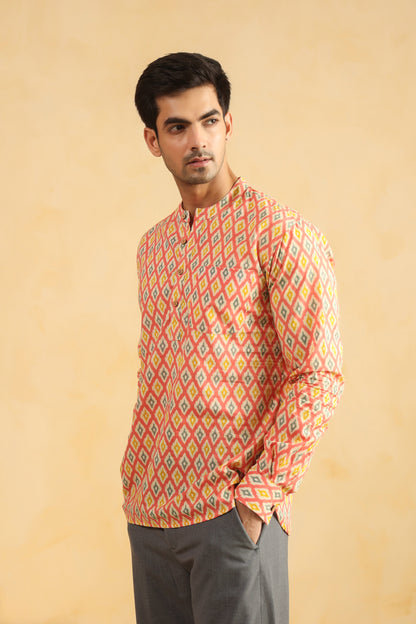Peach Printed Cotton Shirt Kurta