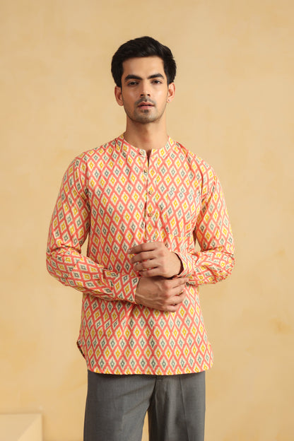 Peach Printed Cotton Shirt Kurta
