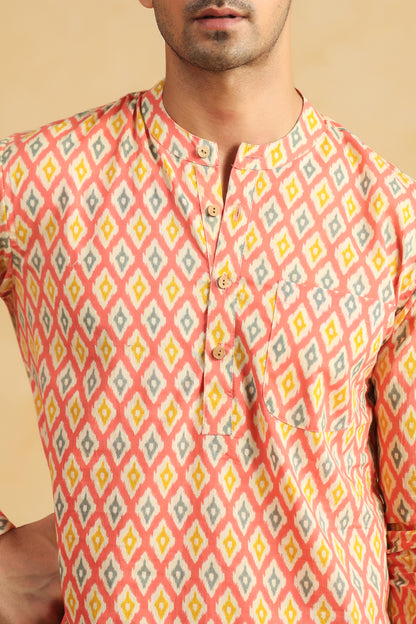 Peach Printed Cotton Shirt Kurta