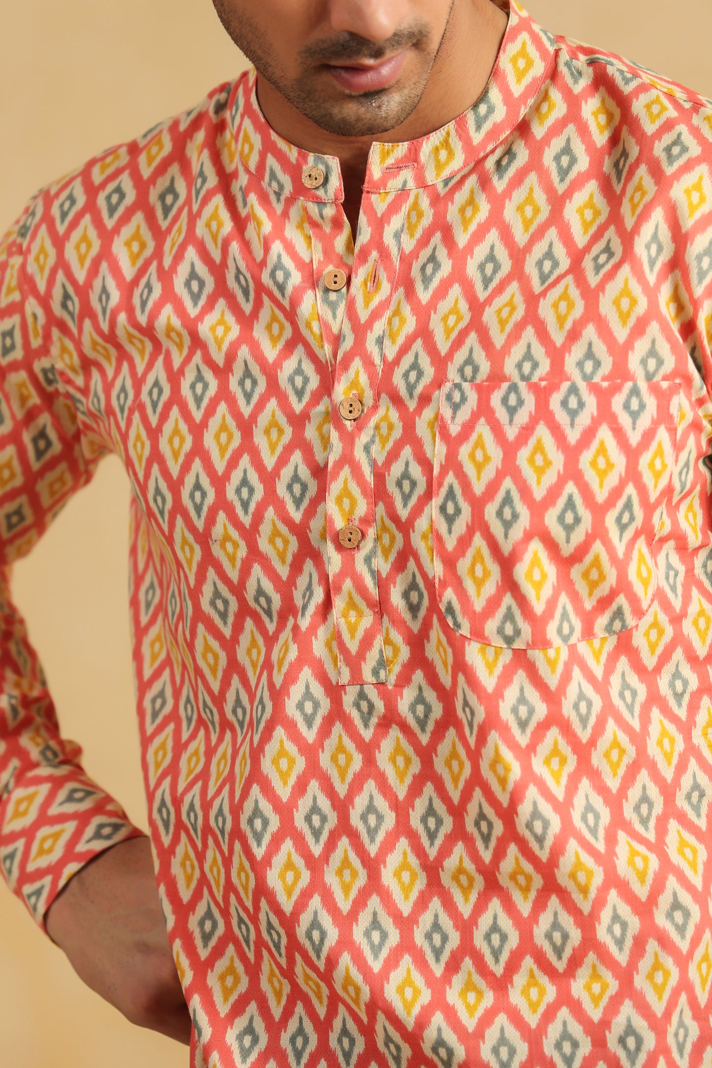 Peach Printed Cotton Shirt Kurta