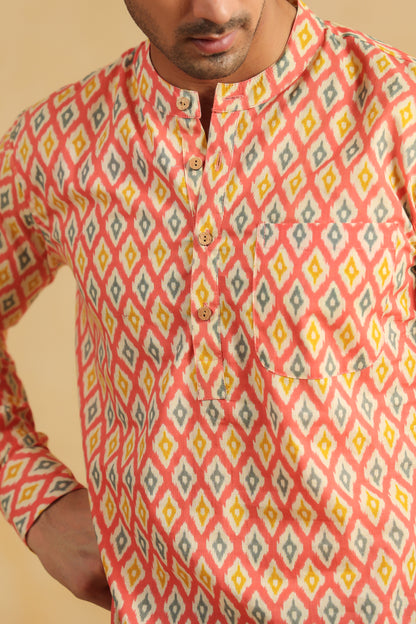 Peach Printed Cotton Shirt Kurta