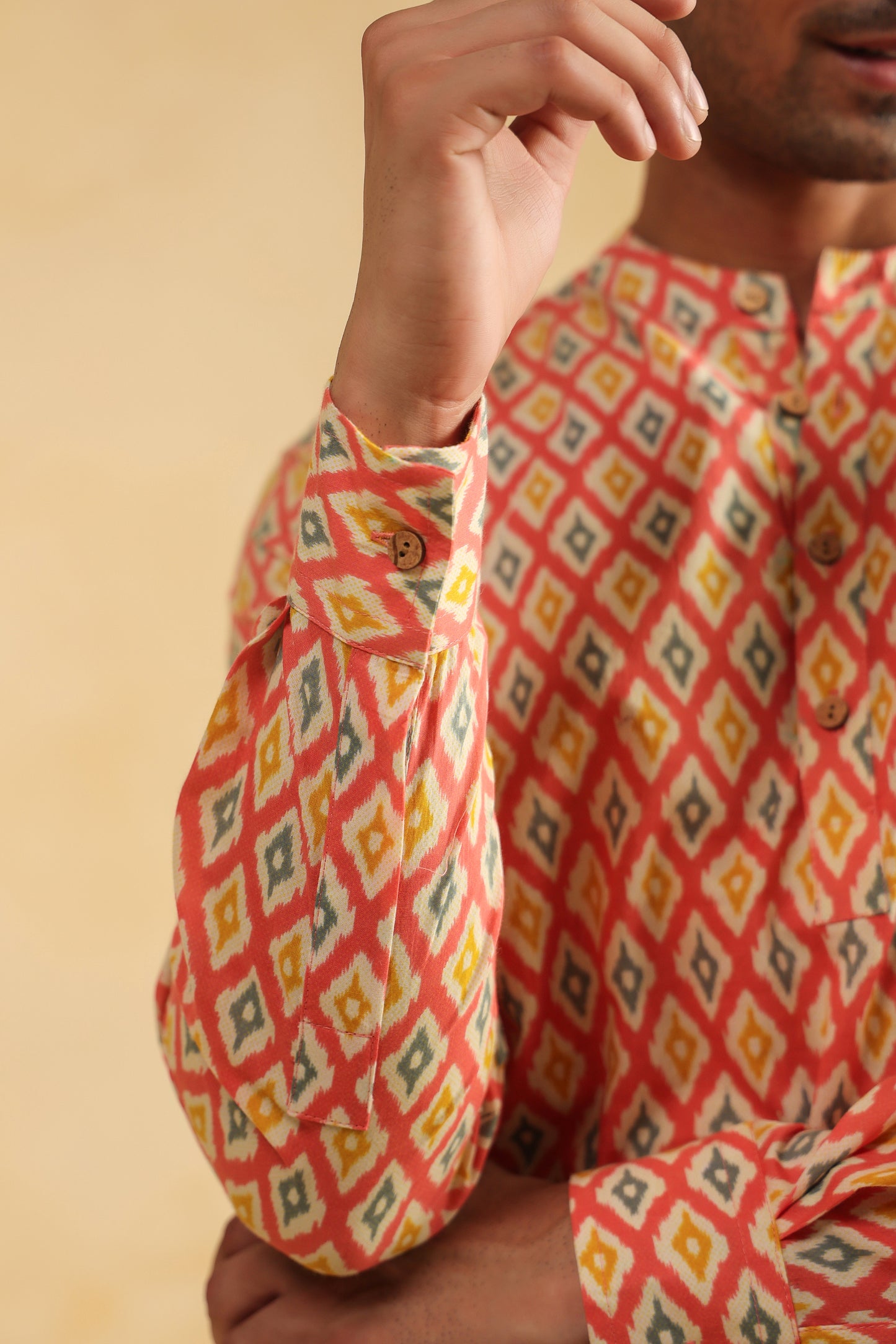 Peach Printed Cotton Shirt Kurta