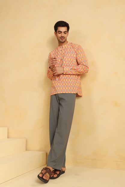 Peach Printed Cotton Shirt Kurta