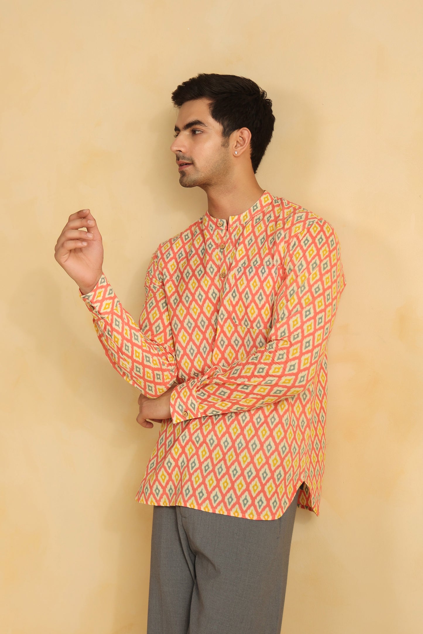 Peach Printed Cotton Shirt Kurta