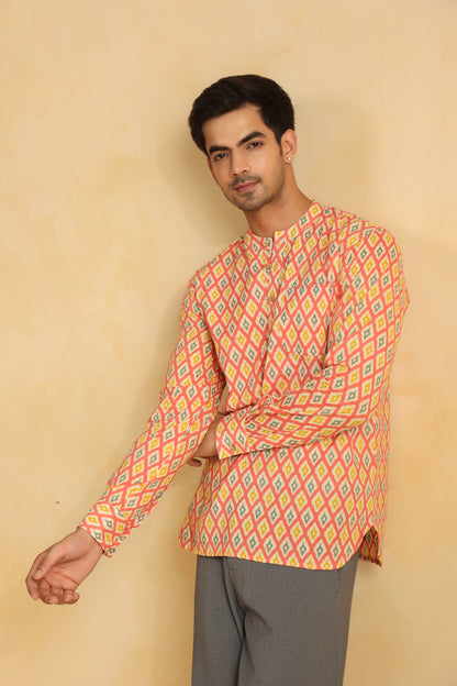 Peach Printed Cotton Shirt Kurta
