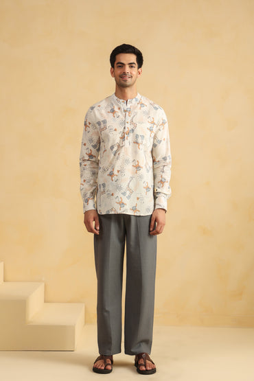 White Monkey Cotton Shirt Kurta