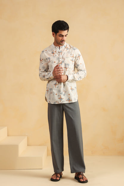 White Monkey Cotton Shirt Kurta