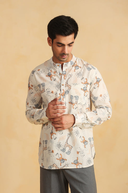 White Monkey Cotton Shirt Kurta
