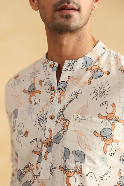 White Monkey Cotton Shirt Kurta