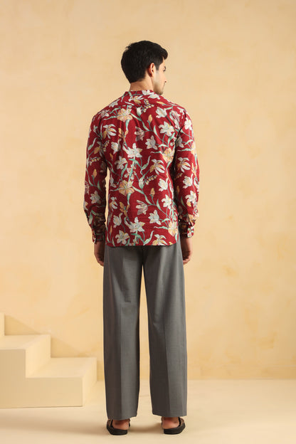 Red Floral Cotton Shirt Kurta