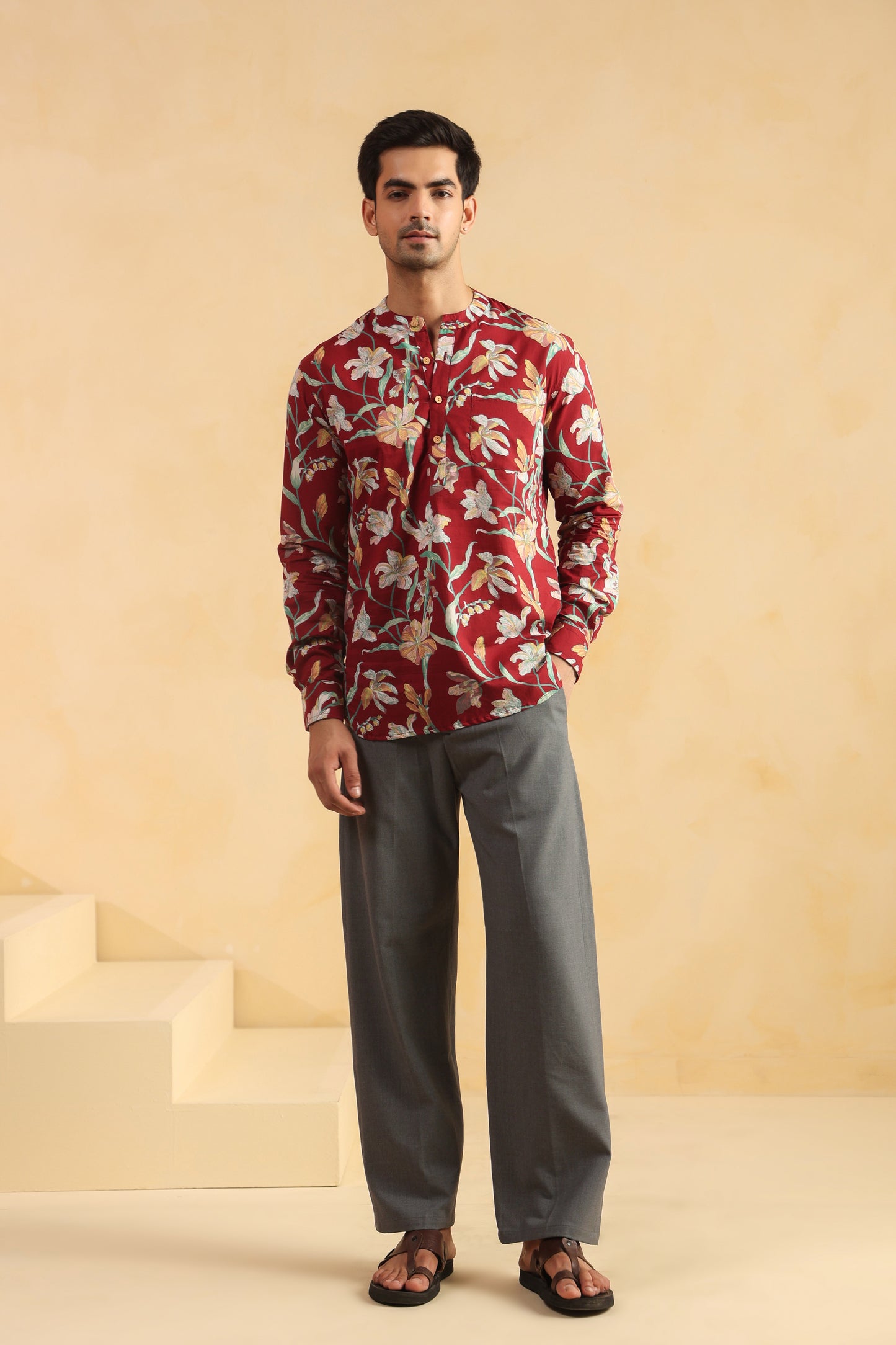 Red Floral Cotton Shirt Kurta