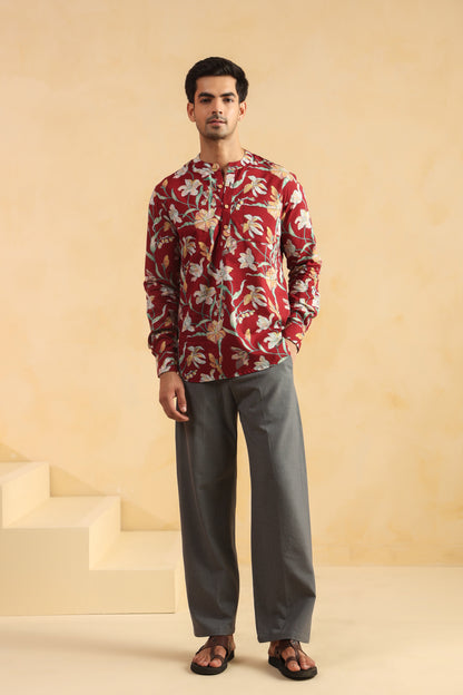 Red Floral Cotton Shirt Kurta