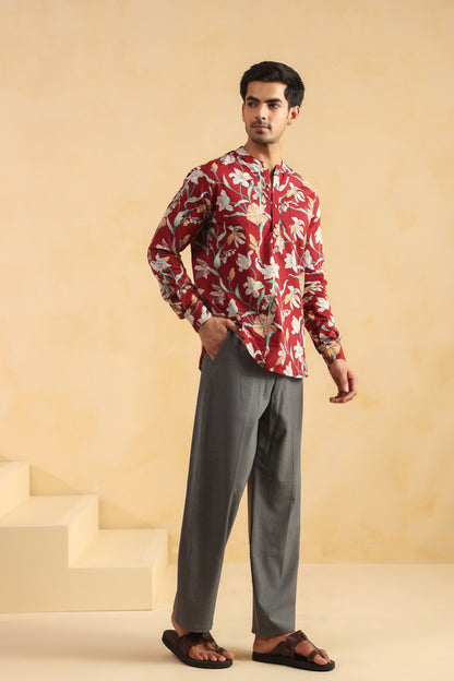Red Floral Cotton Shirt Kurta