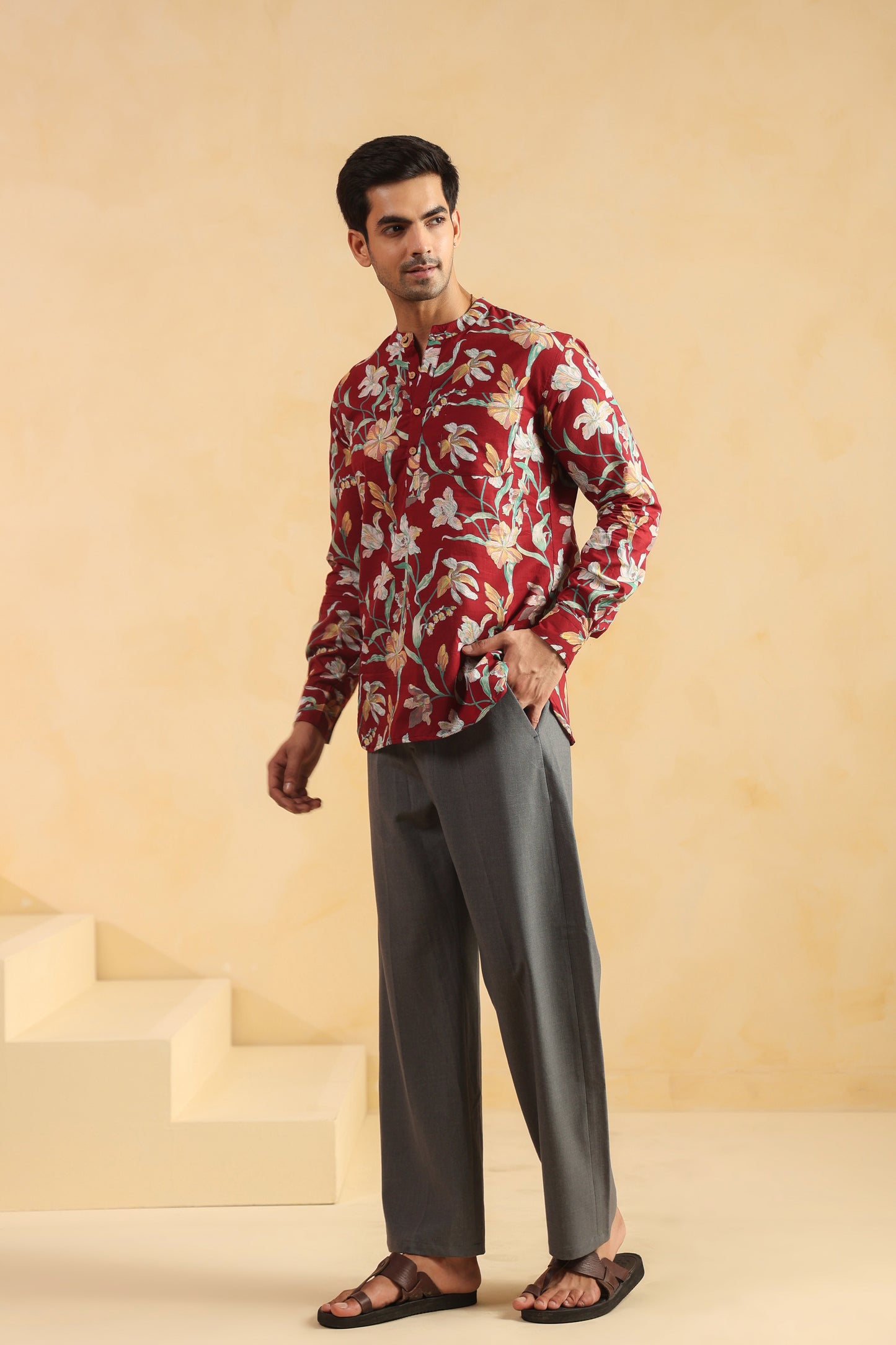 Red Floral Cotton Shirt Kurta