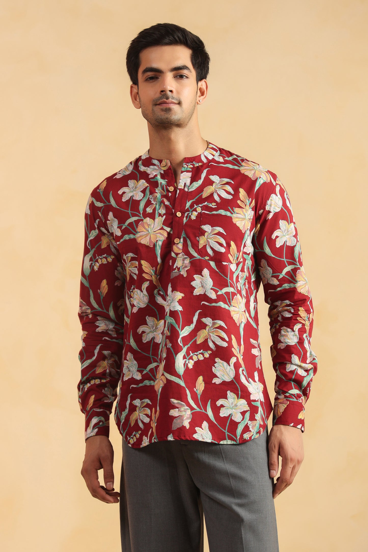 Red Floral Cotton Shirt Kurta