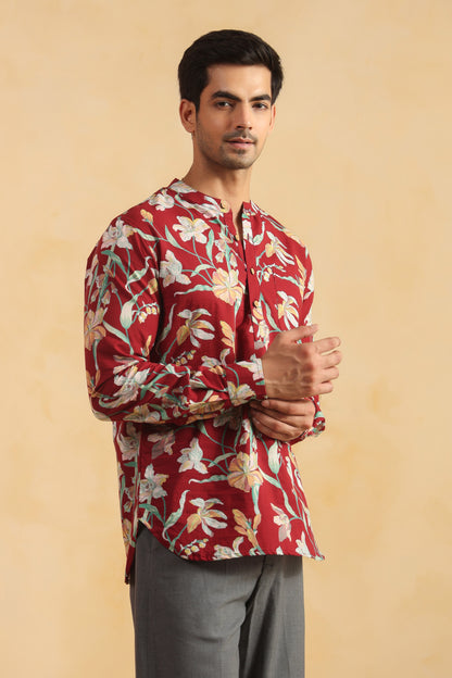 Red Floral Cotton Shirt Kurta