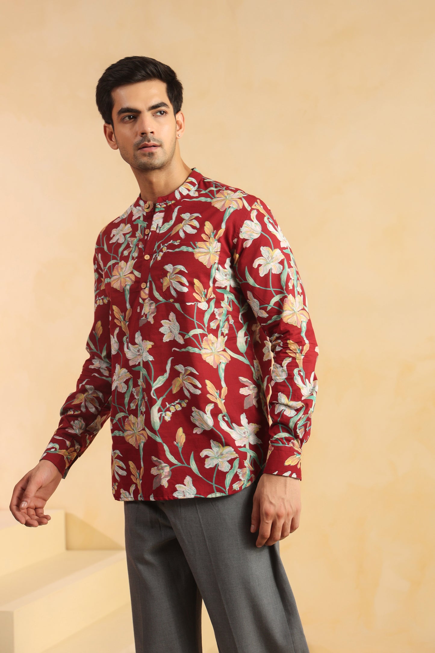 Red Floral Cotton Shirt Kurta
