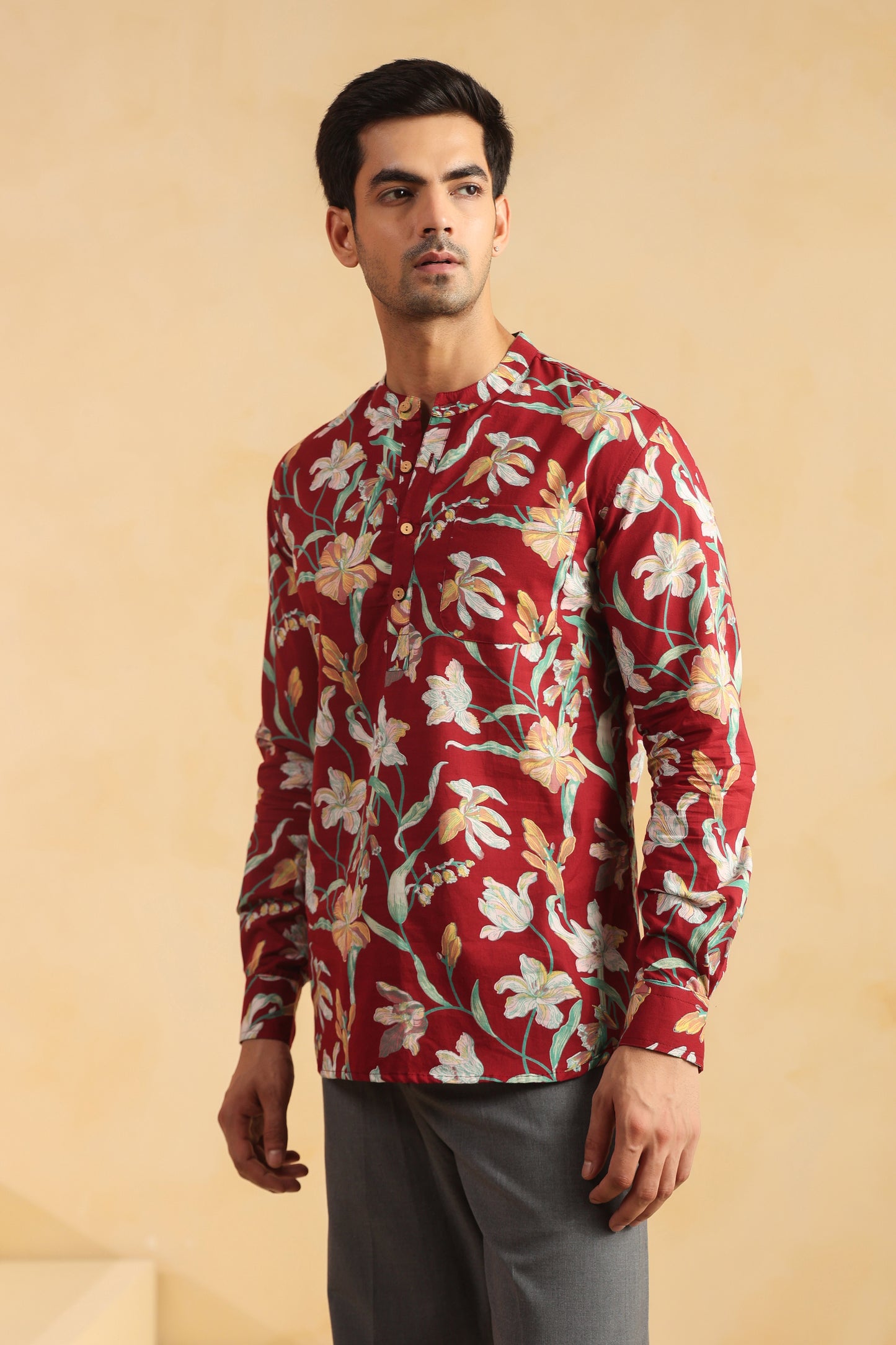 Red Floral Cotton Shirt Kurta