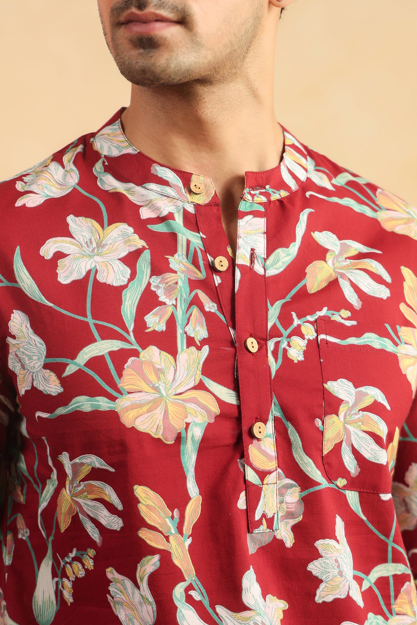 Red Floral Cotton Shirt Kurta