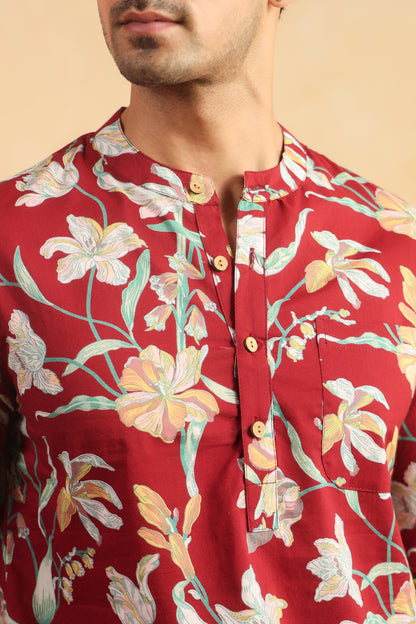 Red Floral Cotton Shirt Kurta