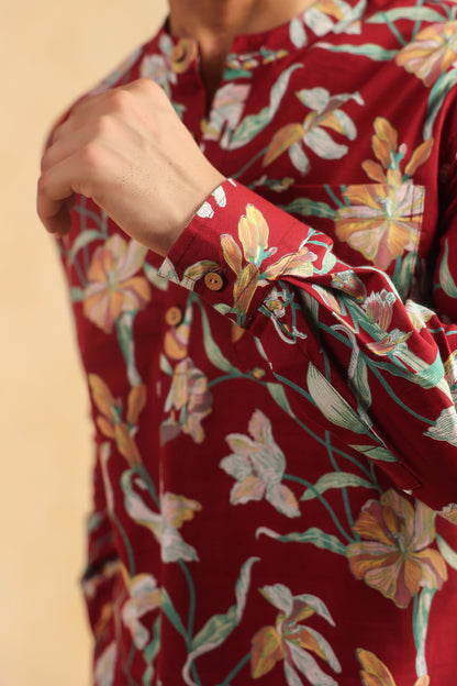 Red Floral Cotton Shirt Kurta