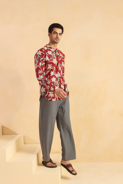 Red Floral Cotton Shirt Kurta
