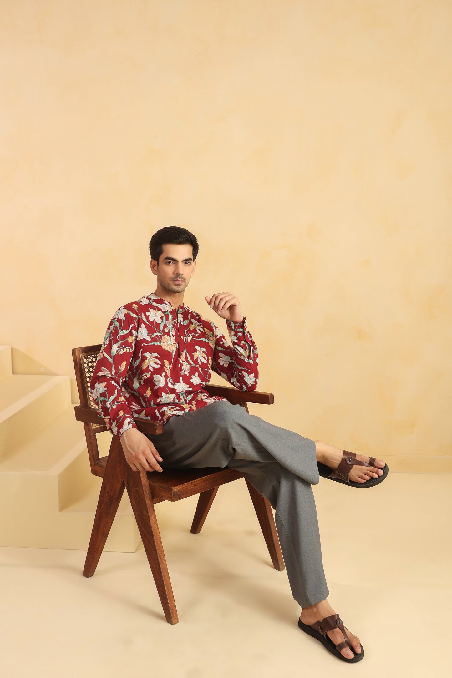 Red Floral Cotton Shirt Kurta