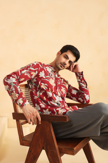 Red Floral Cotton Shirt Kurta