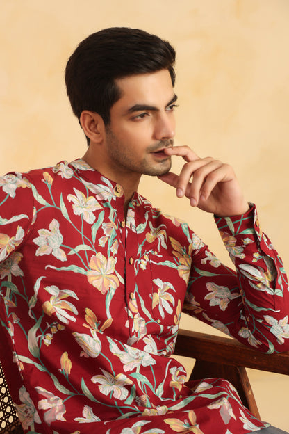 Red Floral Cotton Shirt Kurta
