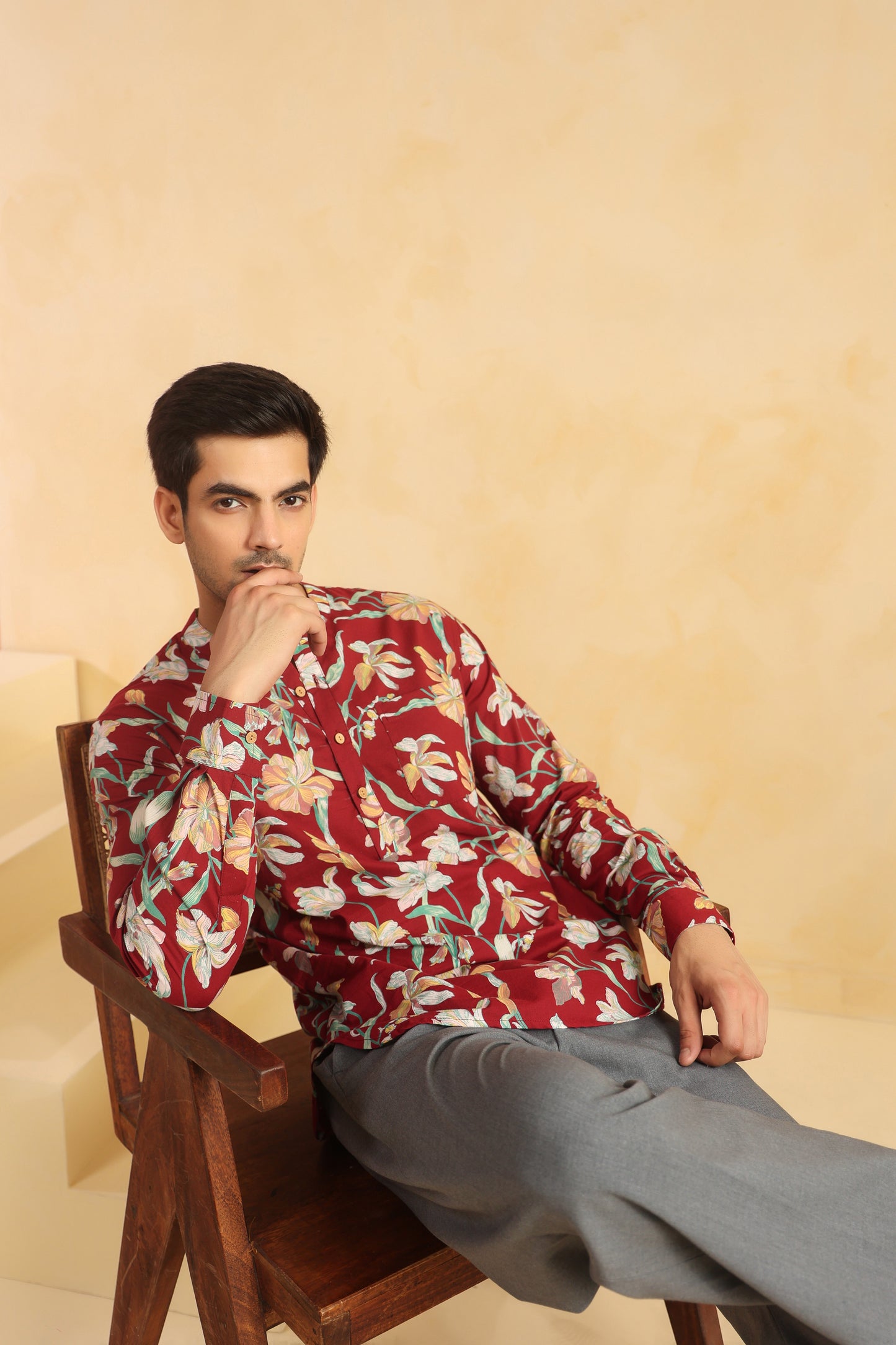 Red Floral Cotton Shirt Kurta