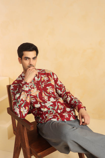 Red Floral Cotton Shirt Kurta