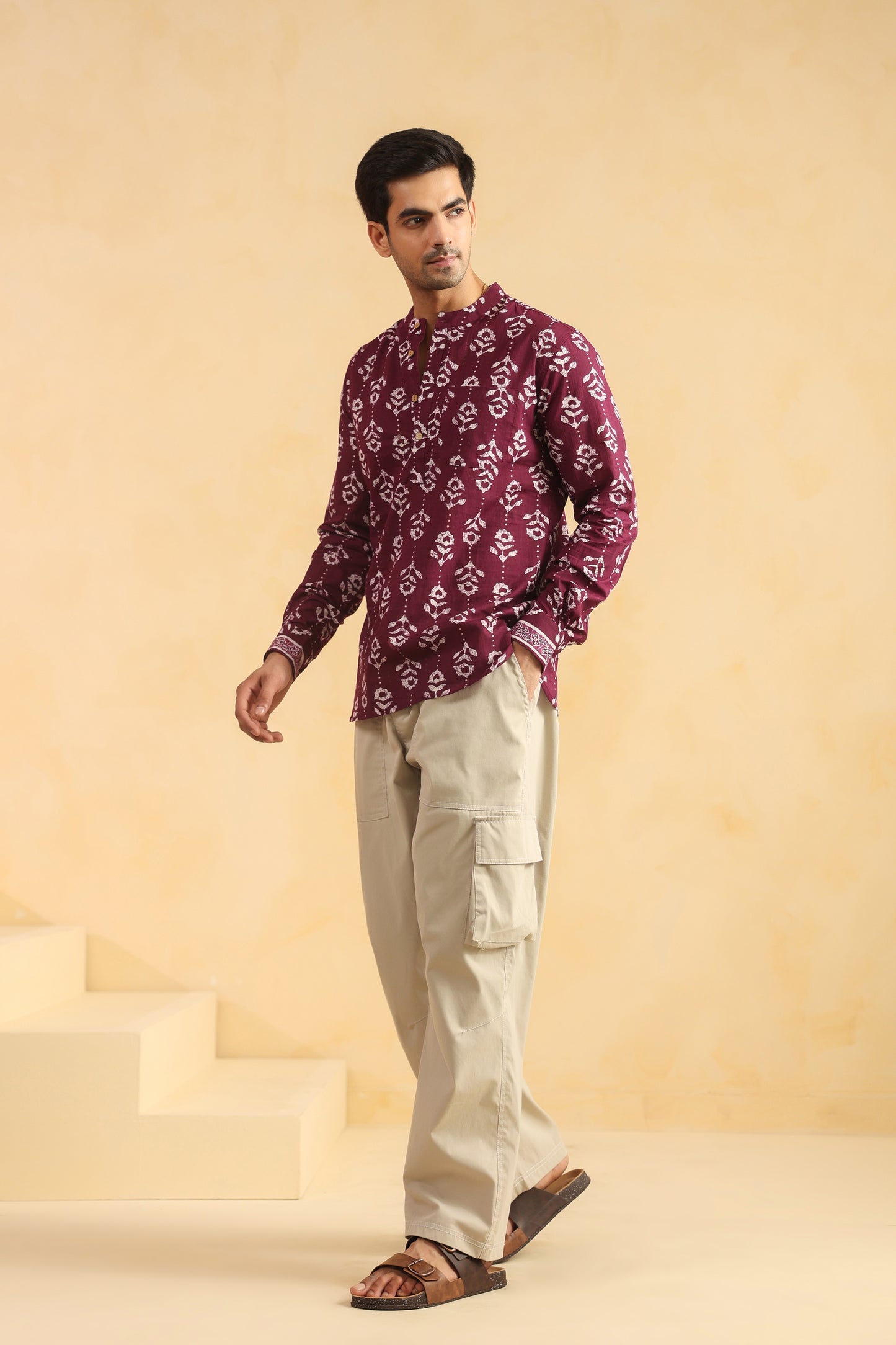 Wine Printed Cotton Shirt Kurta