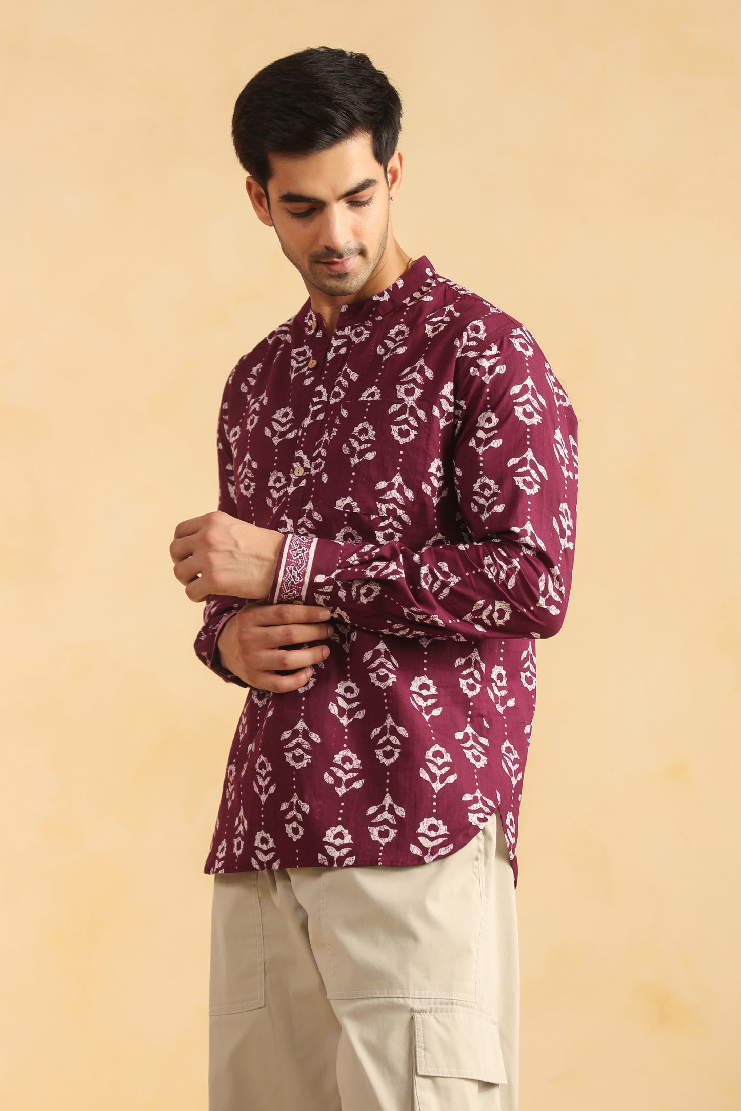 Wine Printed Cotton Shirt Kurta